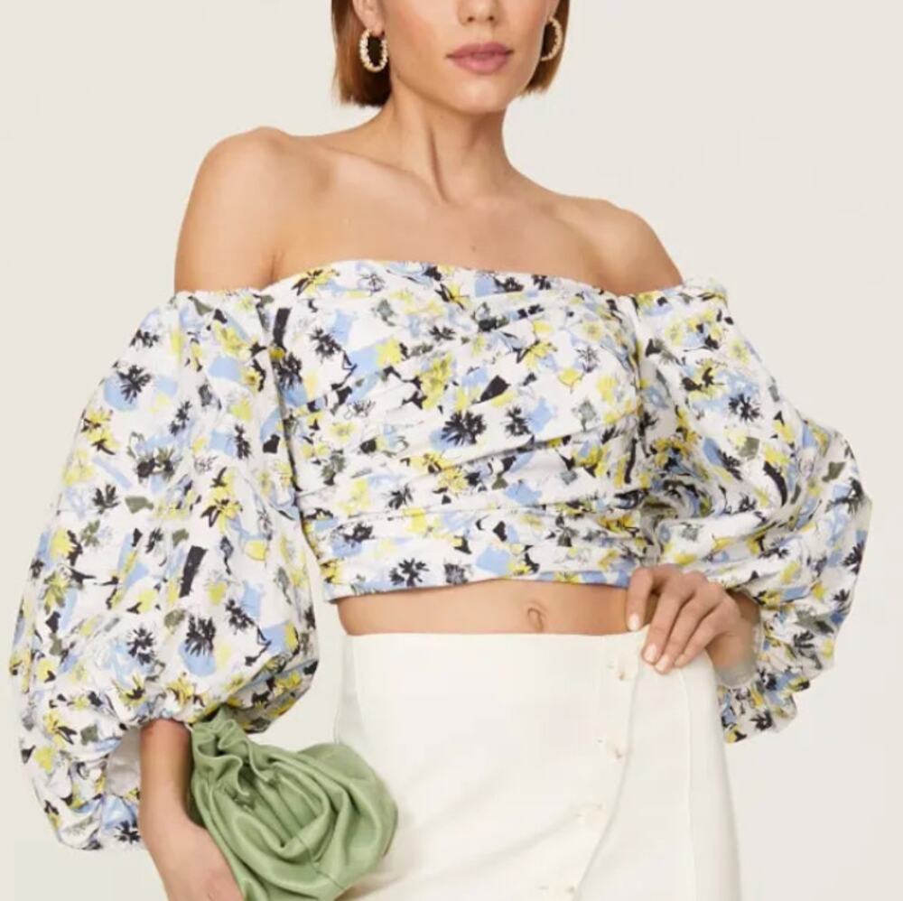 Tanya Taylor Floral Peasant Crop Top SIZE 4 Smocked Bustier Cottage Cotton $325